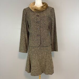 Talbots Tweed Skirt Suit Set Fur Collar Brown Womens 10 Vintage Classic